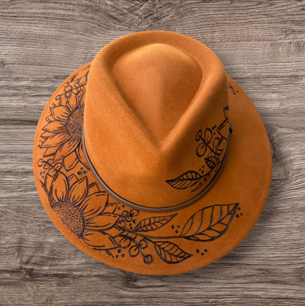 Honeycomb Fedora 100% wool. Sunflowers- ‘you are stronger than you think.’ Quote underneath brim