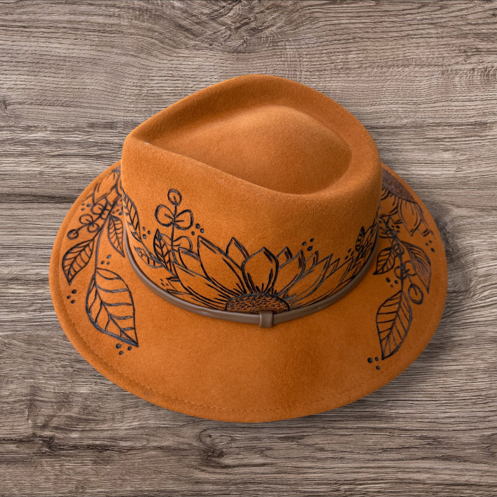 Honeycomb Fedora 100% wool. Sunflowers- ‘you are stronger than you think.’ Quote underneath brim