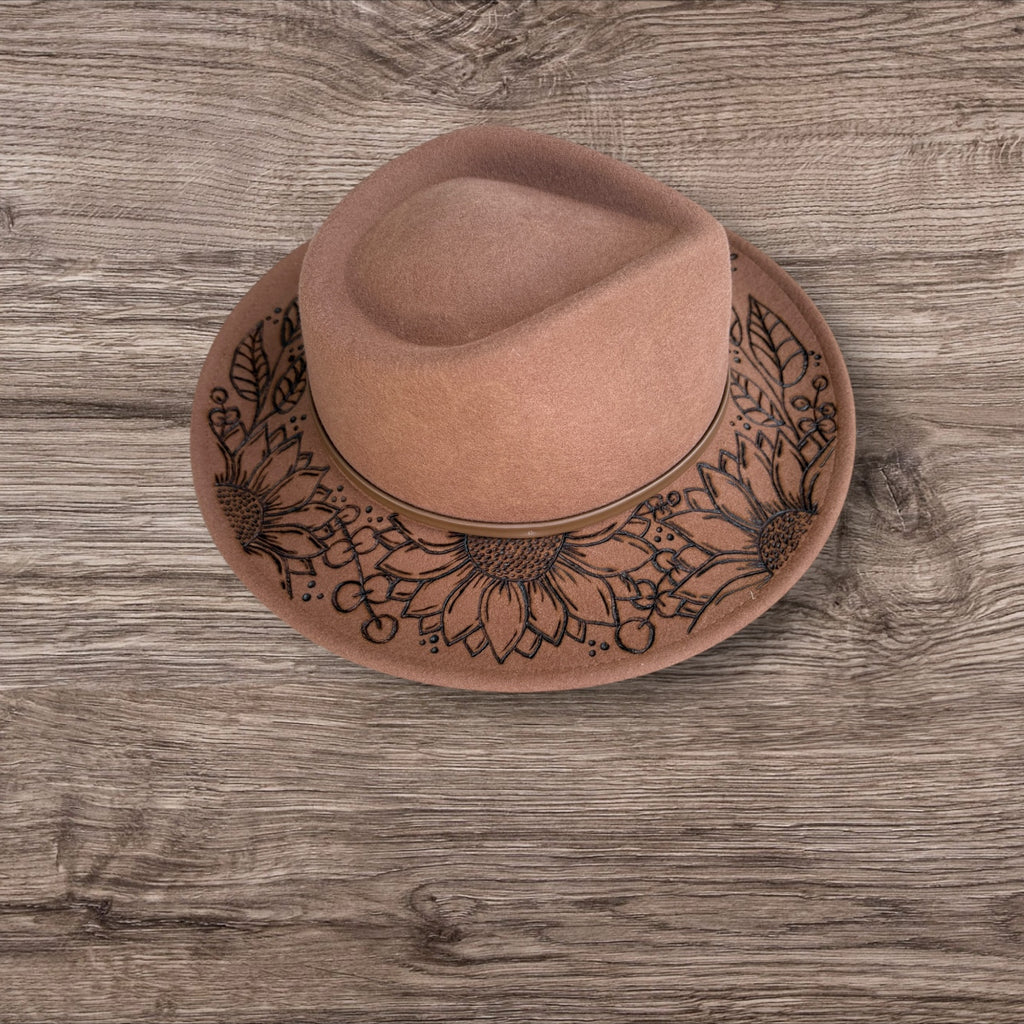 Tan Fedora- 100% wool. Pyrography Sunflowers and ‘she is sunshine mixed with a little hurricane.’ quote.