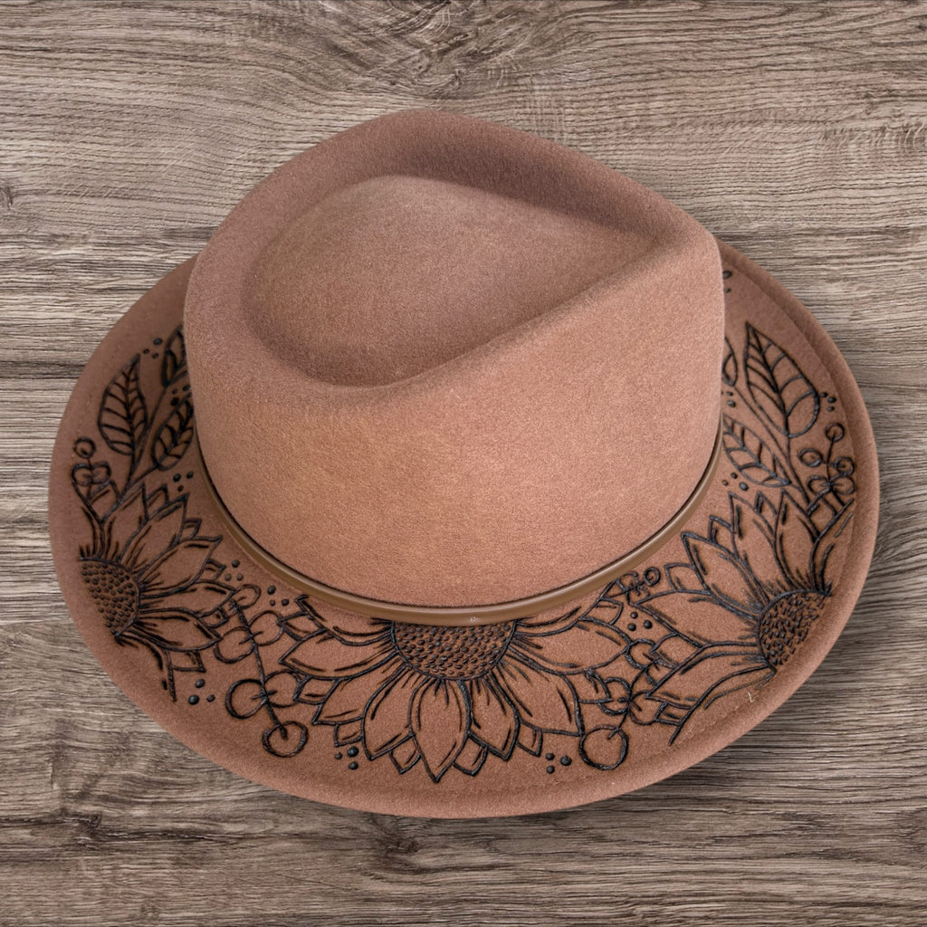 Tan Fedora- 100% wool. Pyrography Sunflowers and ‘she is sunshine mixed with a little hurricane.’ quote.