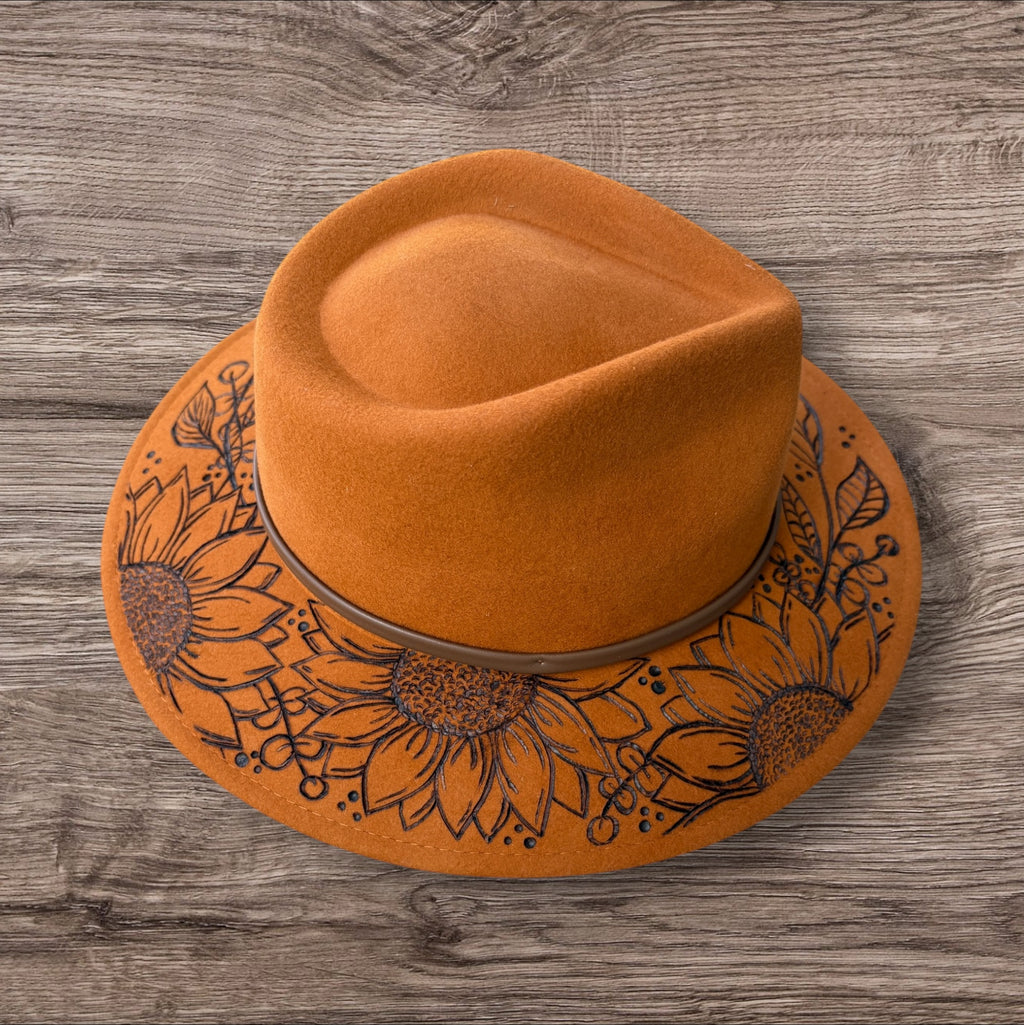 Honeycomb Fedora 100% wool. Sunflowers- ‘you are stronger than you think.’ Quote underneath brim
