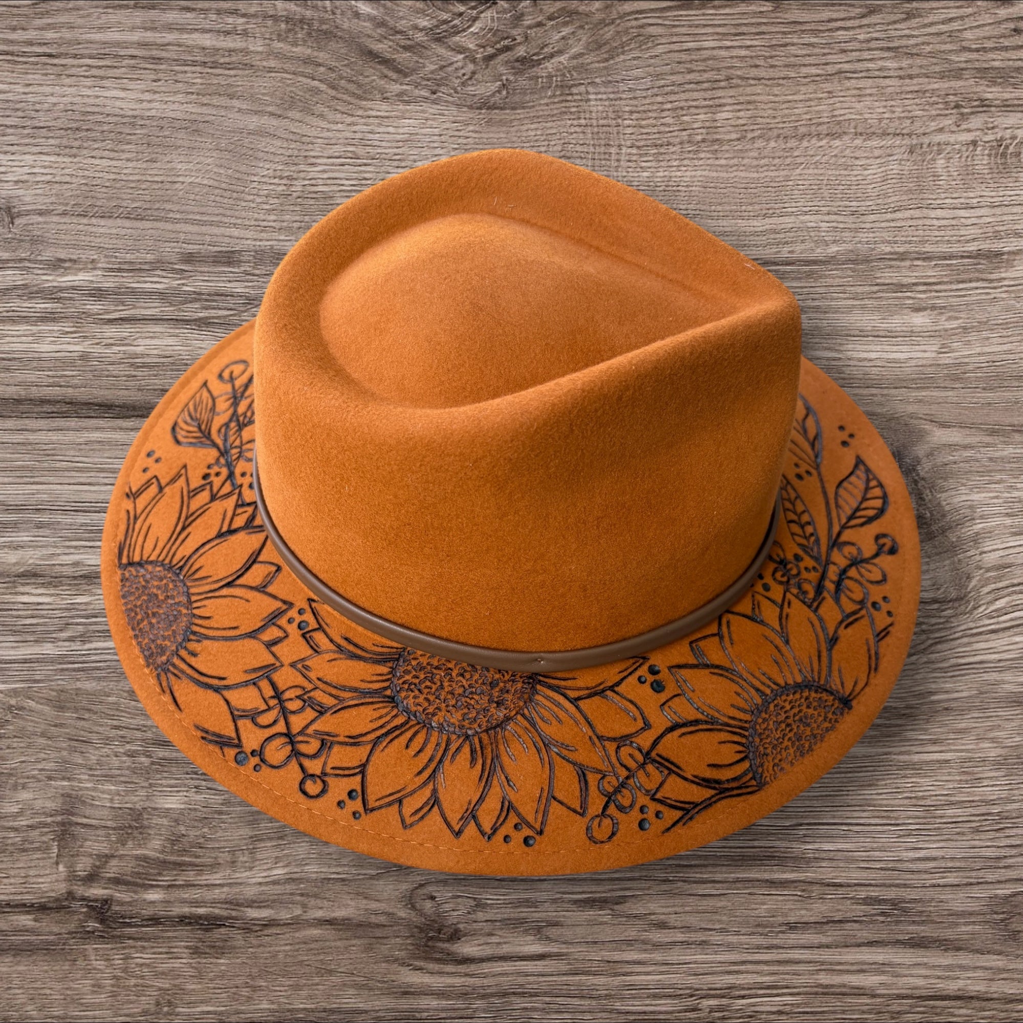 Honeycomb Fedora 100% wool. Sunflowers- ‘you are stronger than you think.’ Quote underneath brim