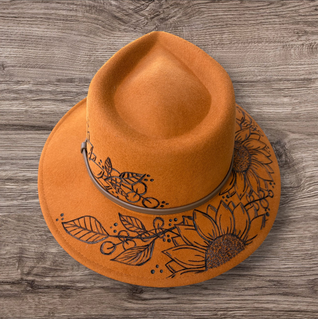 Honeycomb Fedora 100% wool. Sunflowers- ‘you are stronger than you think.’ Quote underneath brim