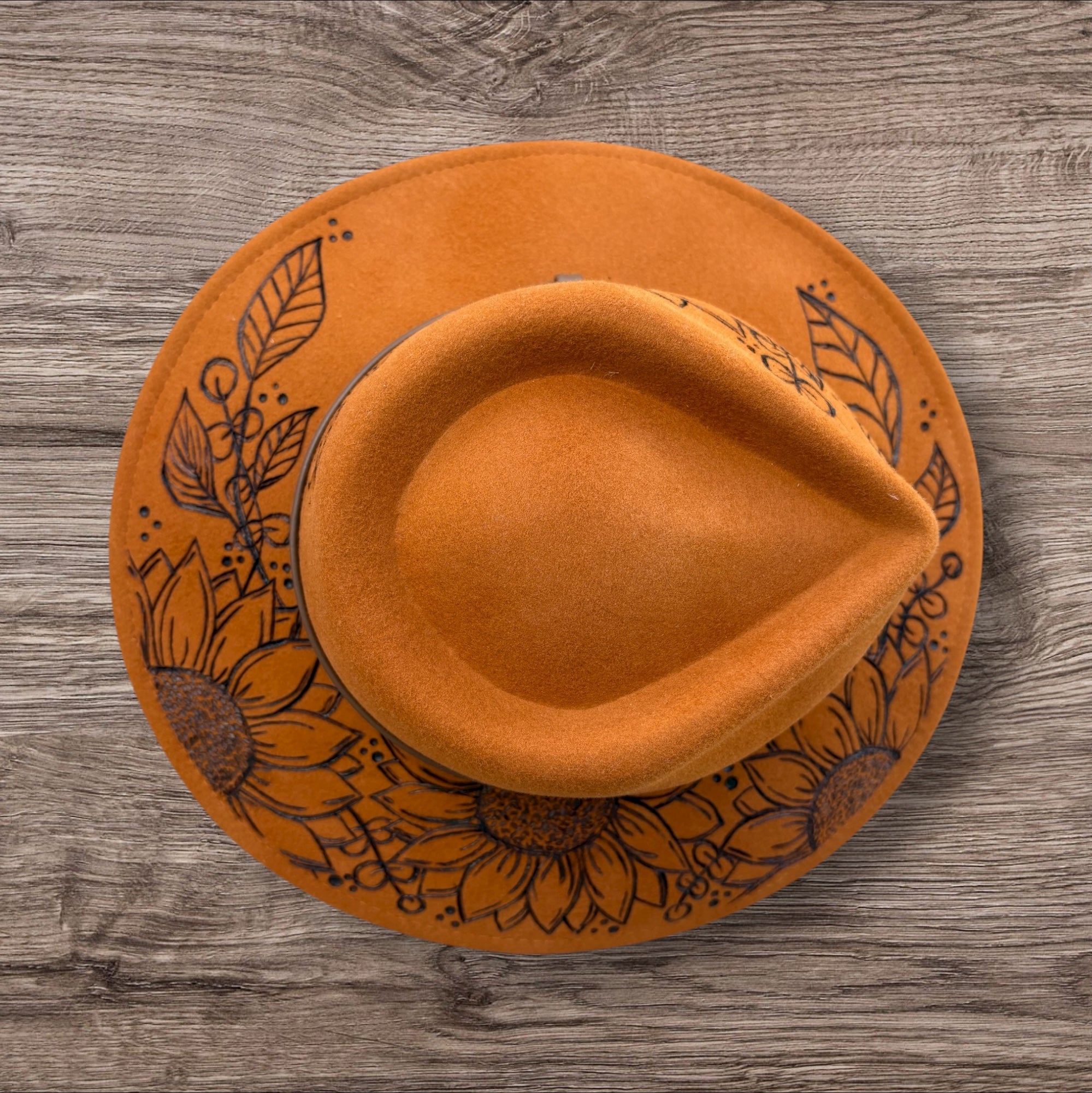 Honeycomb Fedora 100% wool. Sunflowers- ‘you are stronger than you think.’ Quote underneath brim