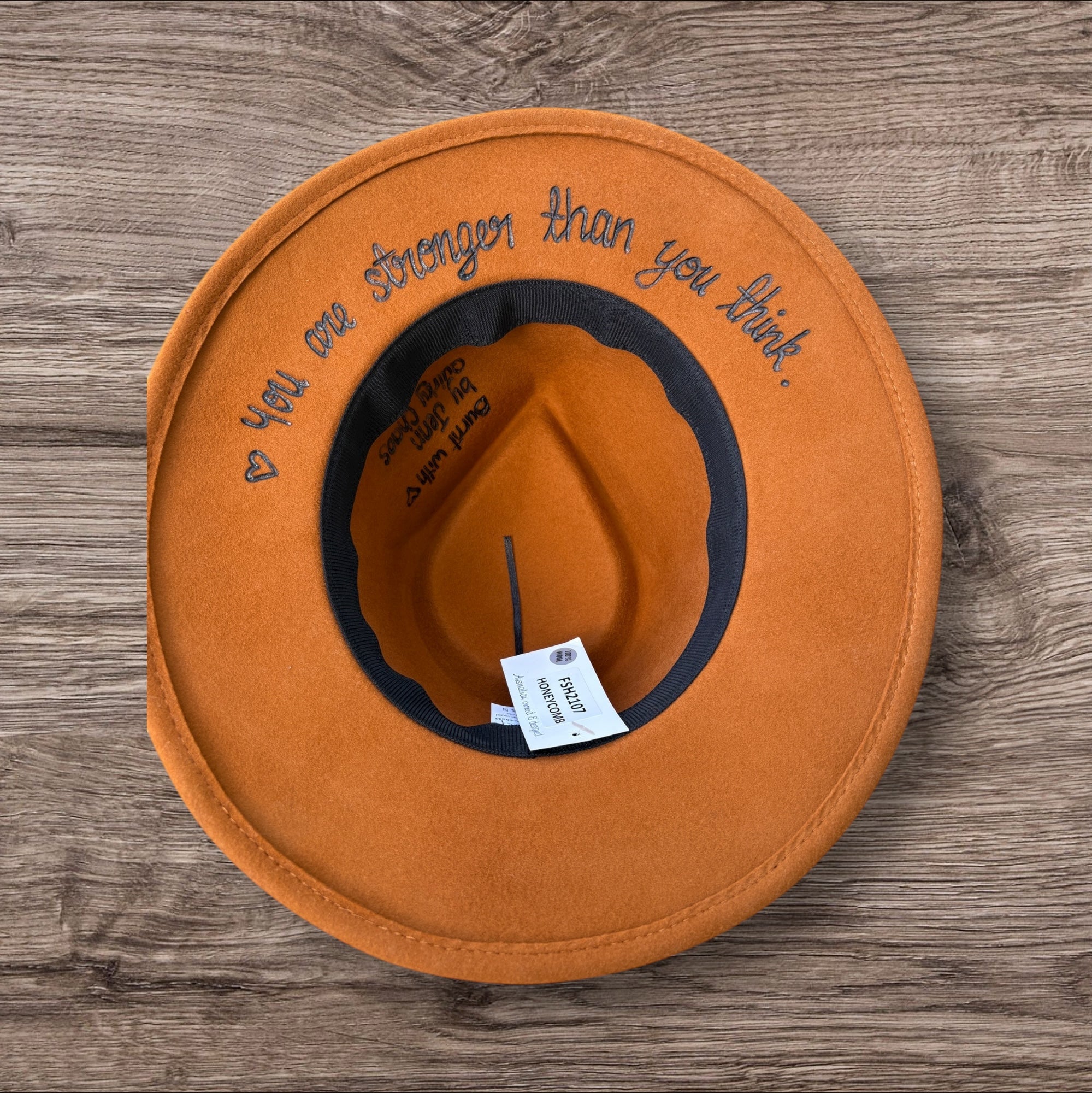 Honeycomb Fedora 100% wool. Sunflowers- ‘you are stronger than you think.’ Quote underneath brim