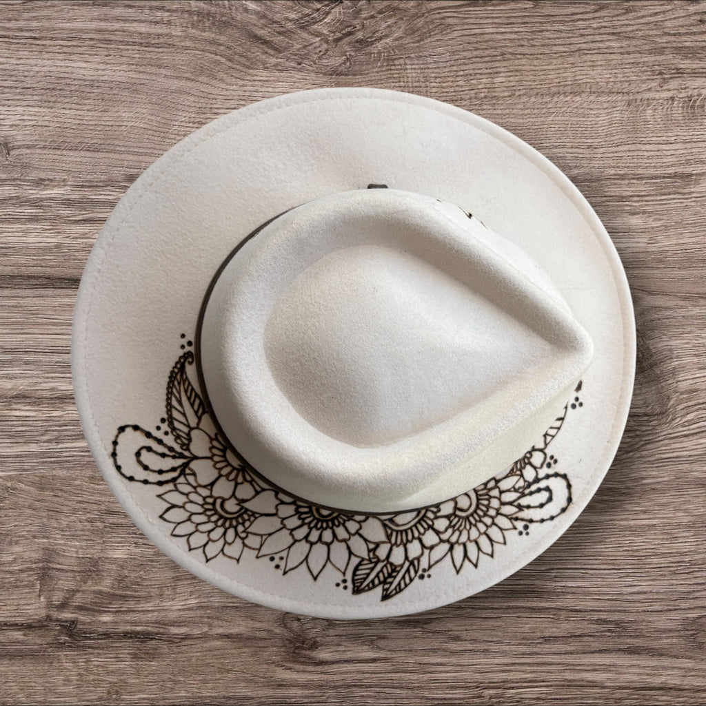 Oatmeal Fedora- 100% wool. Burnt Mandela with ‘be you, the world will adjust’ quote underneath brim.